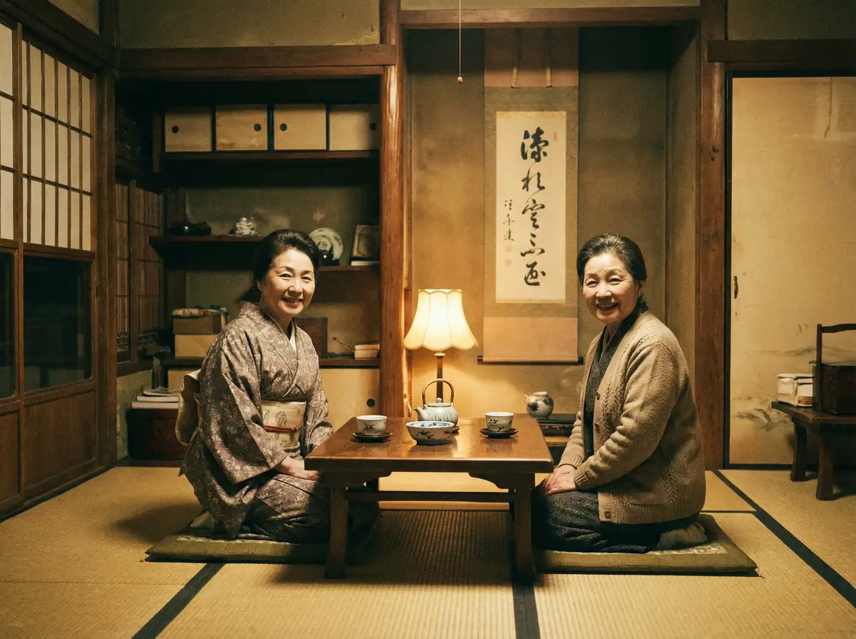 两位优雅的 海角吃瓜导航 | 海角吃瓜官方入口~热点海角吃瓜分享平台 在日式茶室中品茶交谈